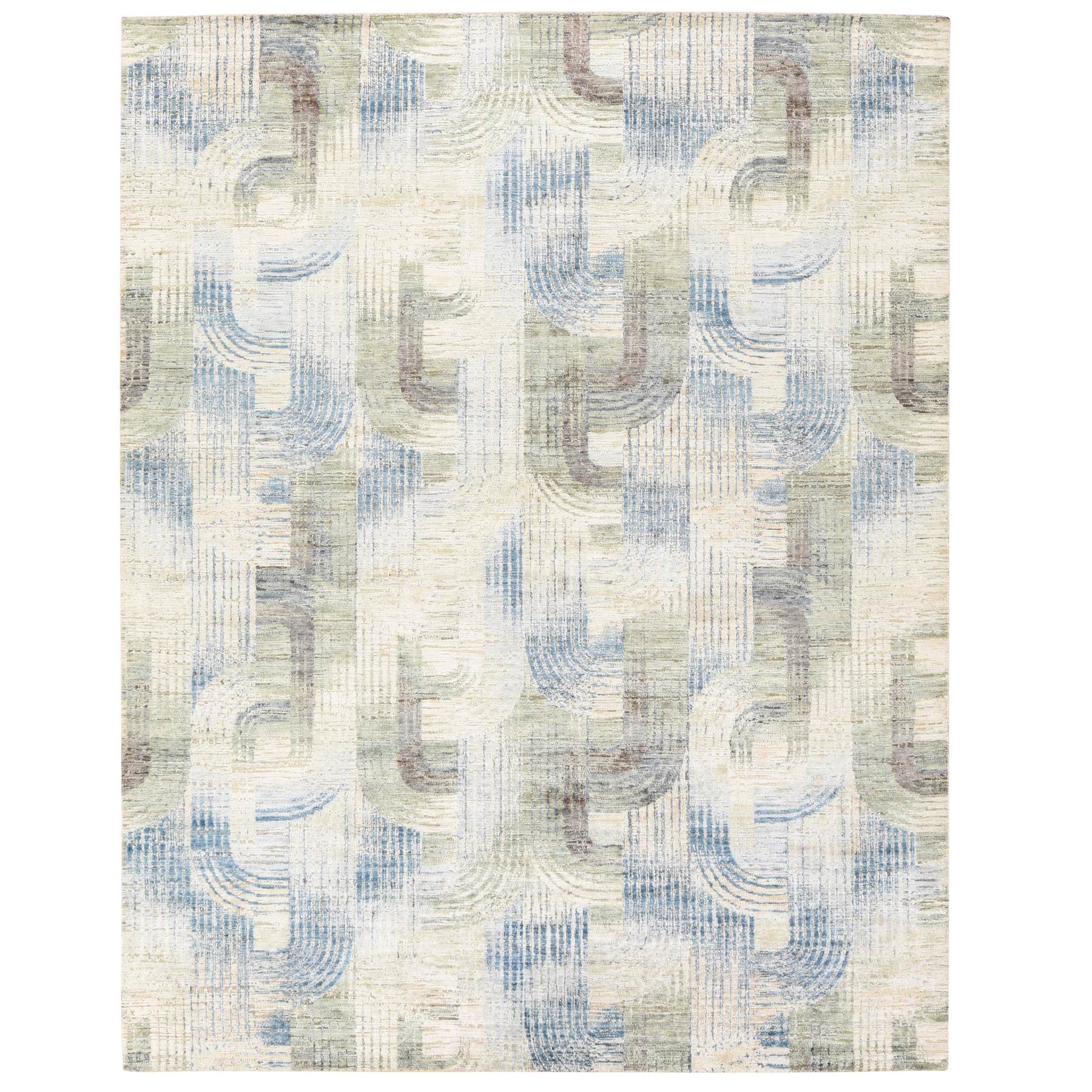 8'x10'2" Ivory, THE INTERTWINED PASSAGE, Silk with Textured Wool, Hand Knotted, Oriental Rug 